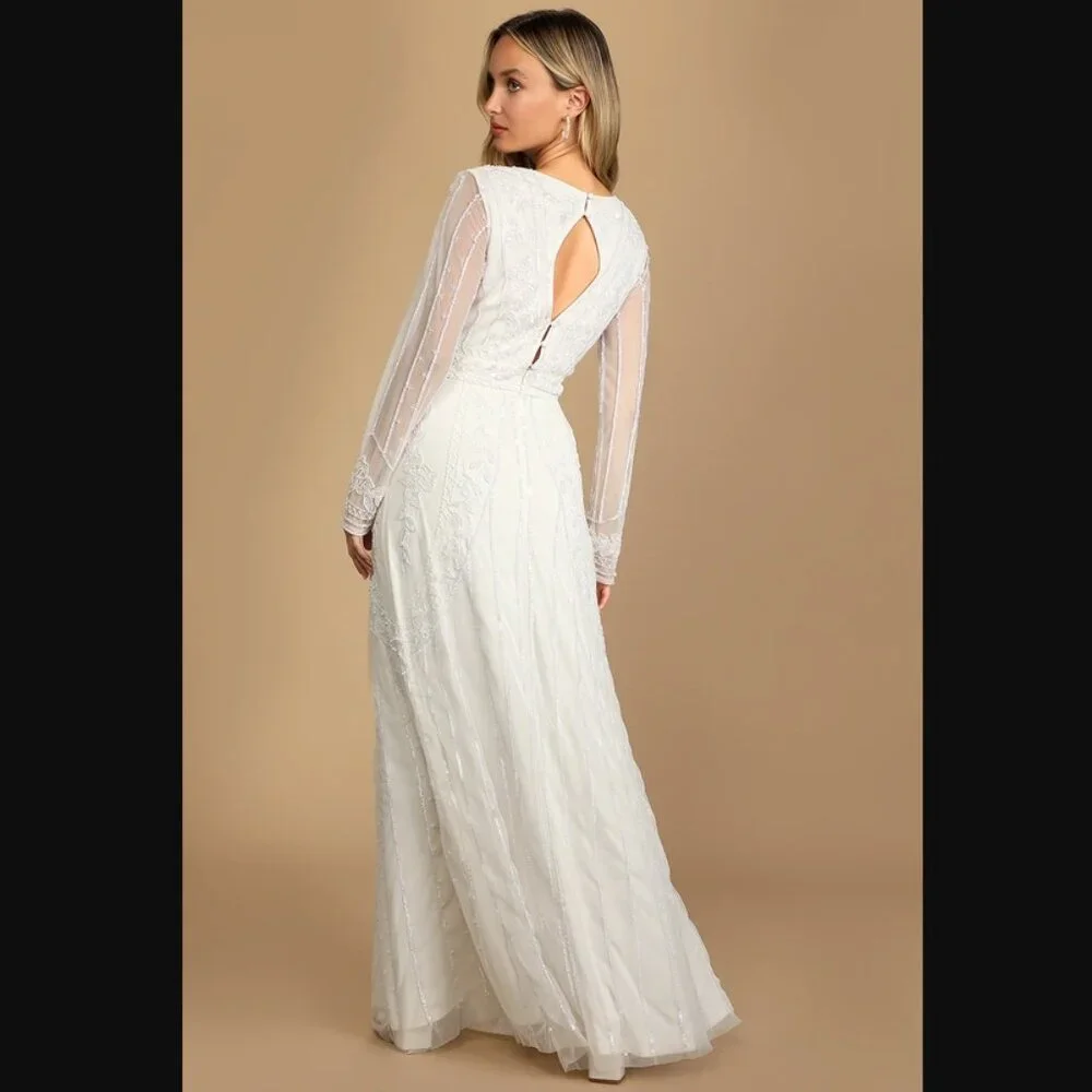 NWT - Lulus Luxe Bridal - White Beaded Long Sleeve Maxi Dress - Size Small - Picture 4 of 15
